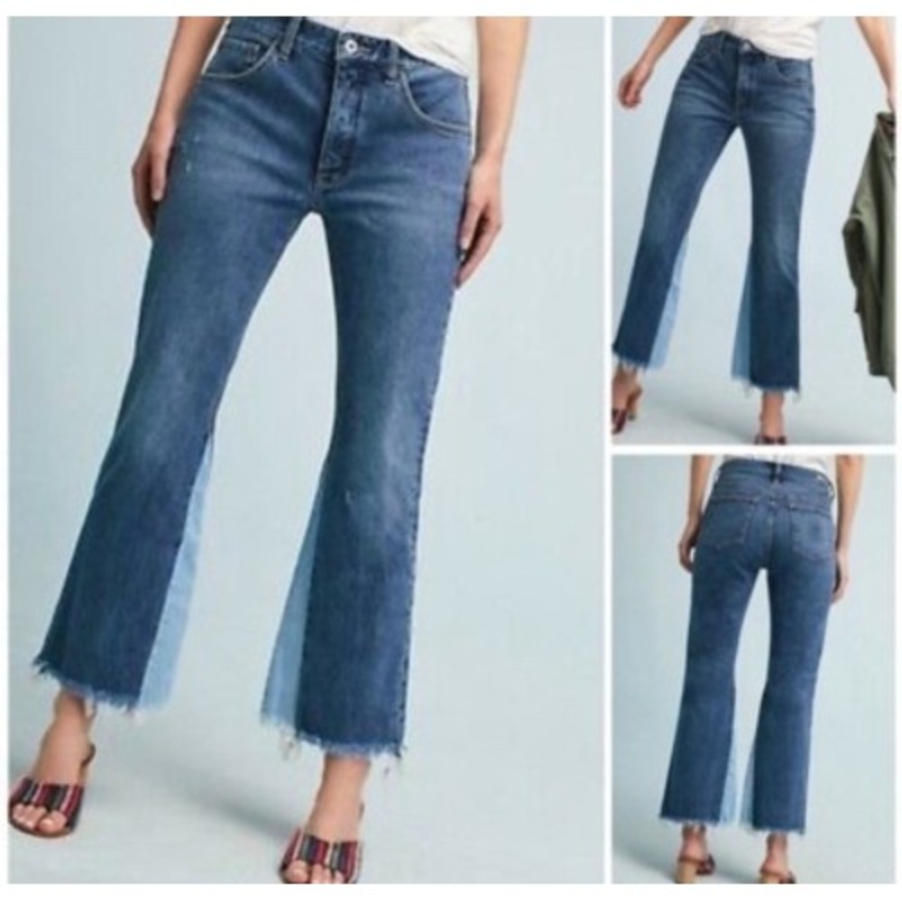 Pilcro Anthropologie Patchwork Two-Tone‎ Hem Cropped Flare Jeans Denim Womens 27